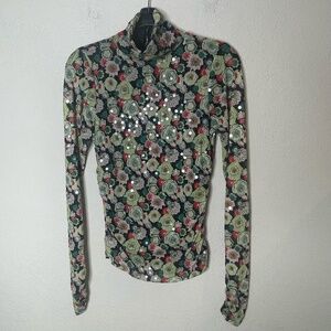 Cinq a Sept Long Sleeve Sequin Mesh Top Size S Floral Ruched High Neck Glam
